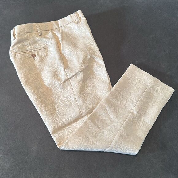 Men’s Floral Cream 2 Piece Tuxedo Suit Shawl Lapel Red Trim 34 Jacket 31 Pants - Picture 12 of 12